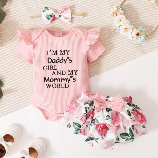3pc Baby Girl Summer Pink Ruffle Shorts Outfit Daddy's Girl Mommy's World - Home Inspired Gifts