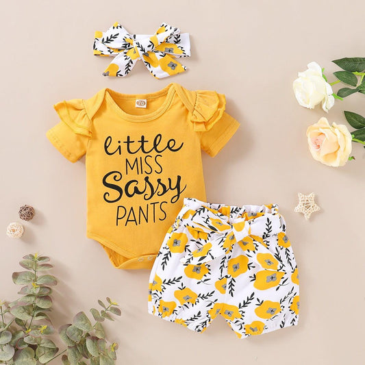 3pc Baby Girl Summer Yellow Shorts Outfit Little Miss Sassy Pants - Home Inspired Gifts