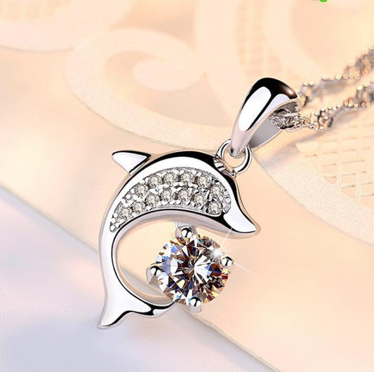 925 Sterling Silver Dolphin Crystal Stone Pendant Chain Necklace - Home Inspired Gifts