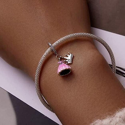 925 Sterling Silver Princess Crown Pink Dress Pendant Bracelet Charm - Home Inspired Gifts