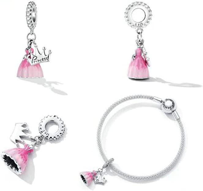 925 Sterling Silver Princess Crown Pink Dress Pendant Bracelet Charm - Home Inspired Gifts