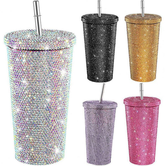 Stainless Steel Diamond Studded Insulated Tumbler Travel Mug with Straw & Lid - Home Inspired Gifts