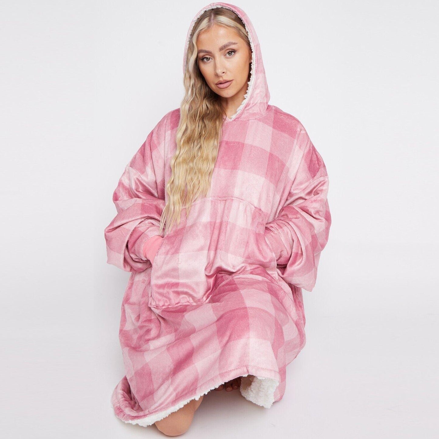 Adults Oversized Fleece Hoodie Blanket Sweatshirt - Check Design - 5 Colours - Home Inspired Gifts