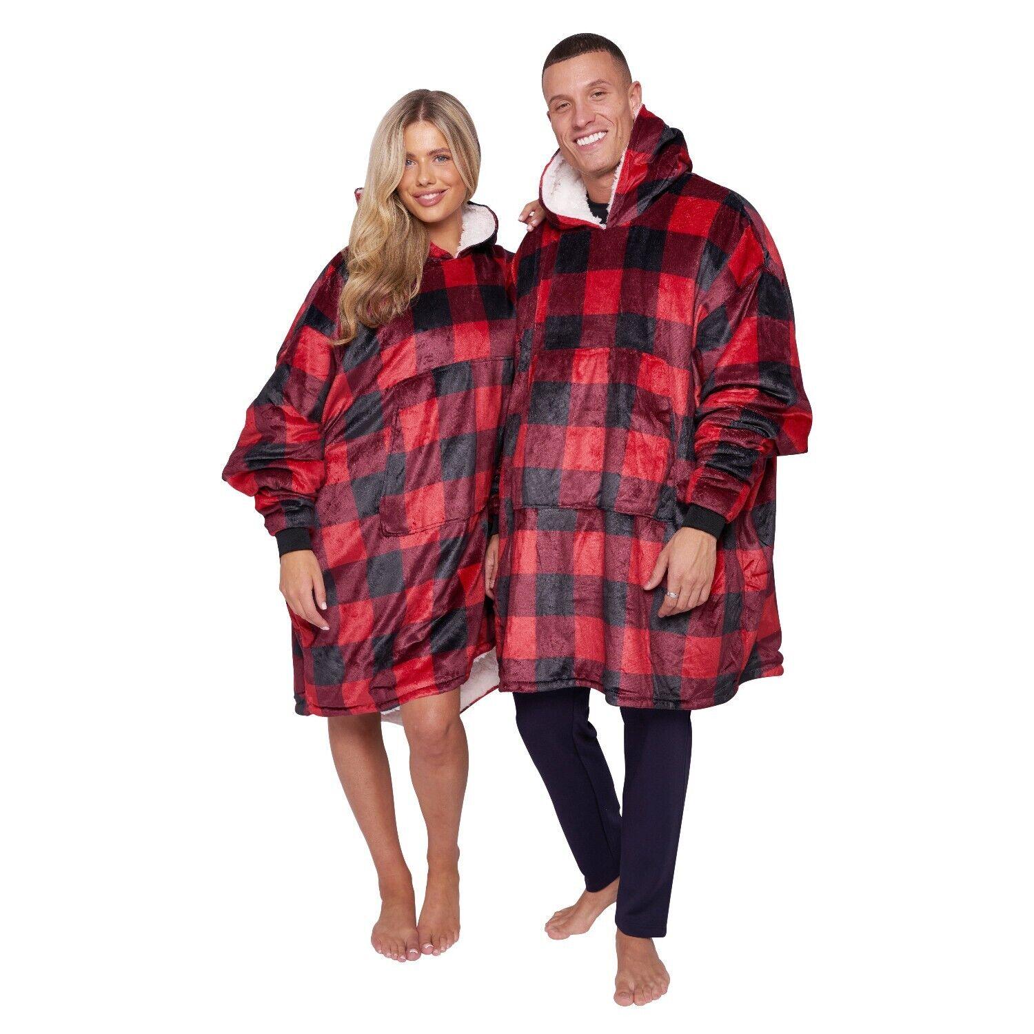 Adults Oversized Fleece Hoodie Blanket Sweatshirt - Check Design - 5 Colours - Home Inspired Gifts