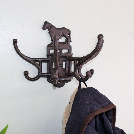Cast Iron Wall Mounted Rotating Coat Hooks, Horse Design, 4 Double Hooks