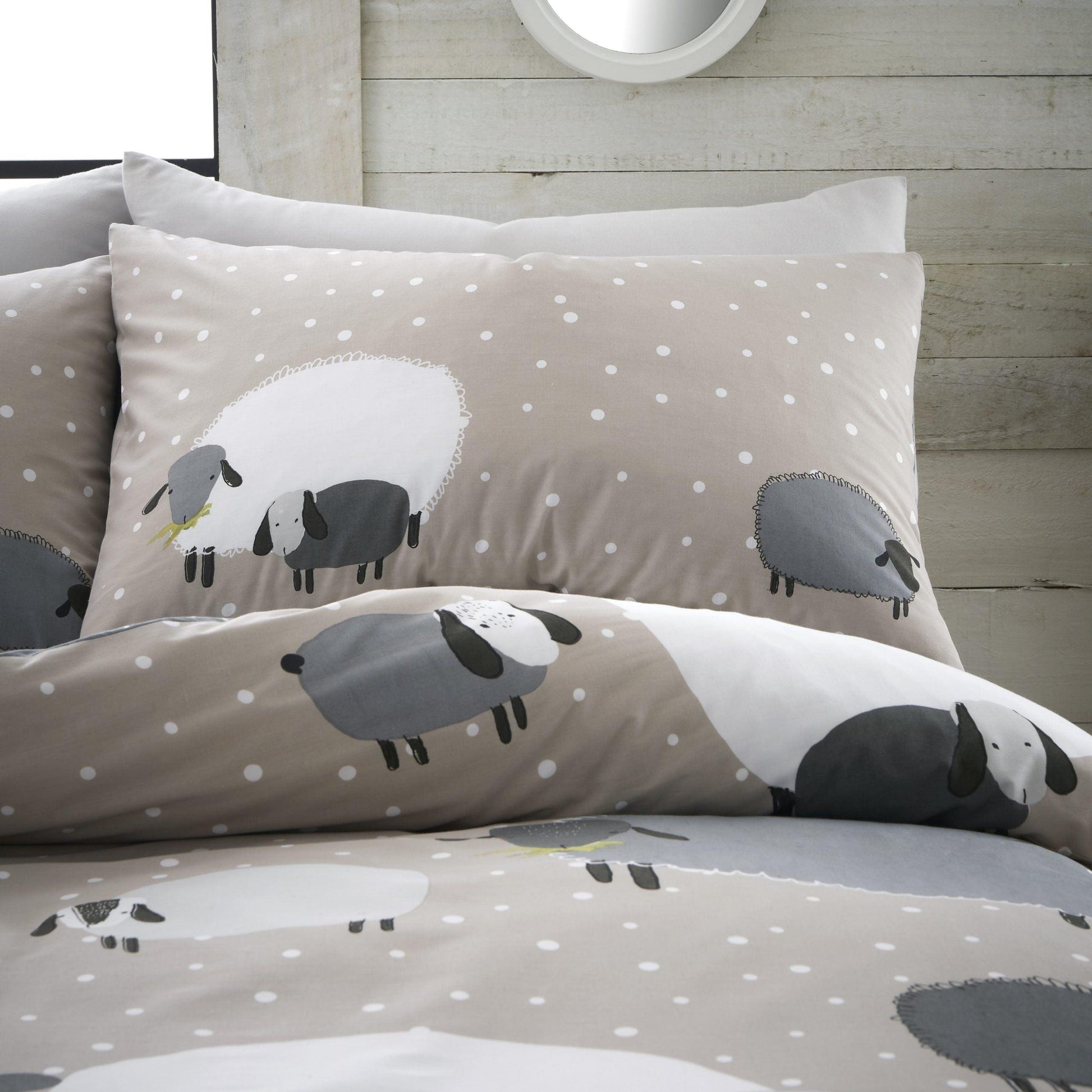 Dotty Sheep Reversible Duvet Cover Bedding Set in Grey or Natural - Home Inspired Gifts