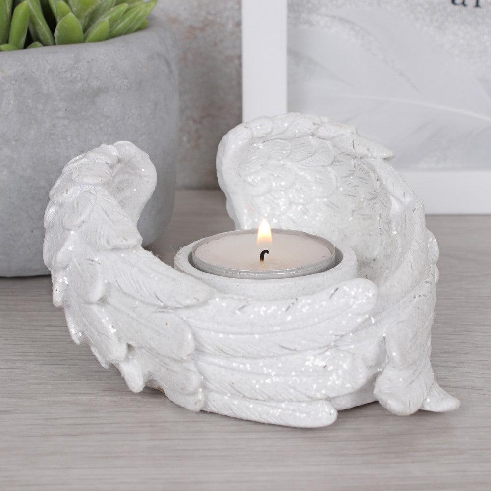 Glitter White Angel Wing Tea Light Candle Holder - Home Inspired Gifts