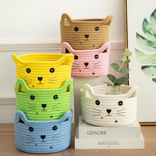 Handwoven Cotton Rope Cat Ear Storage Basket Desktop Tidy - Home Inspired Gifts