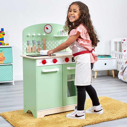 Kids Wooden Retro Role Play Kitchen with 8 Accessories - Green & White - Home Inspired Gifts