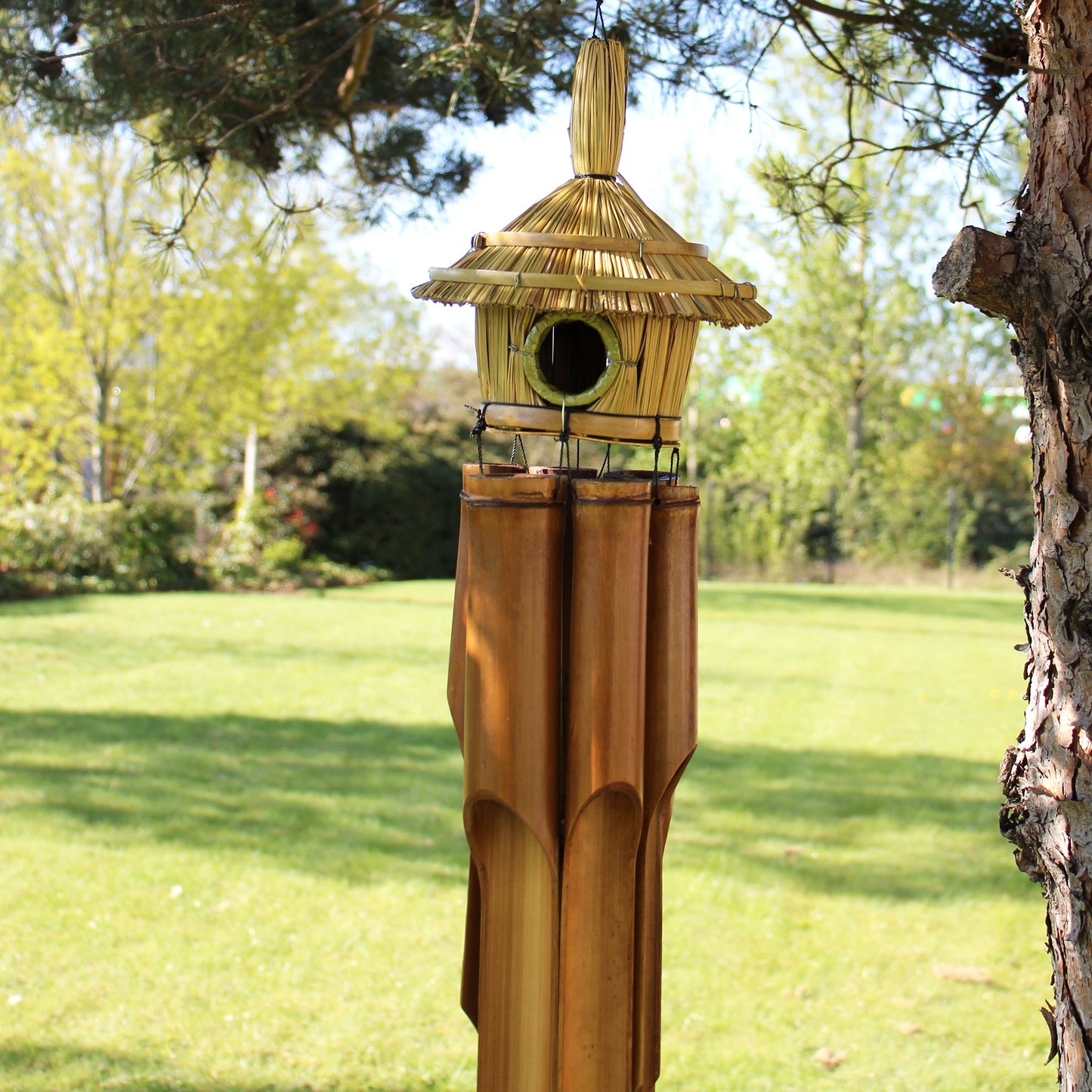Large Round Seagrass Bird Box with Bamboo Wind Chimes