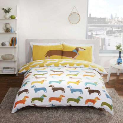 Ochre Dachshund Sausage Dog Reversible Duvet Cover Bedding Set - Home Inspired Gifts