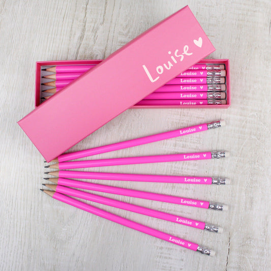 Personalised Name Heart Box and 12 Pink HB Pencils Stationary - Home Inspired Gifts