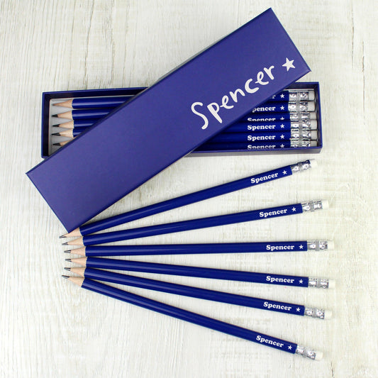 Personalised Name Star Box and 12 Blue HB Pencils Stationary - Home Inspired Gifts