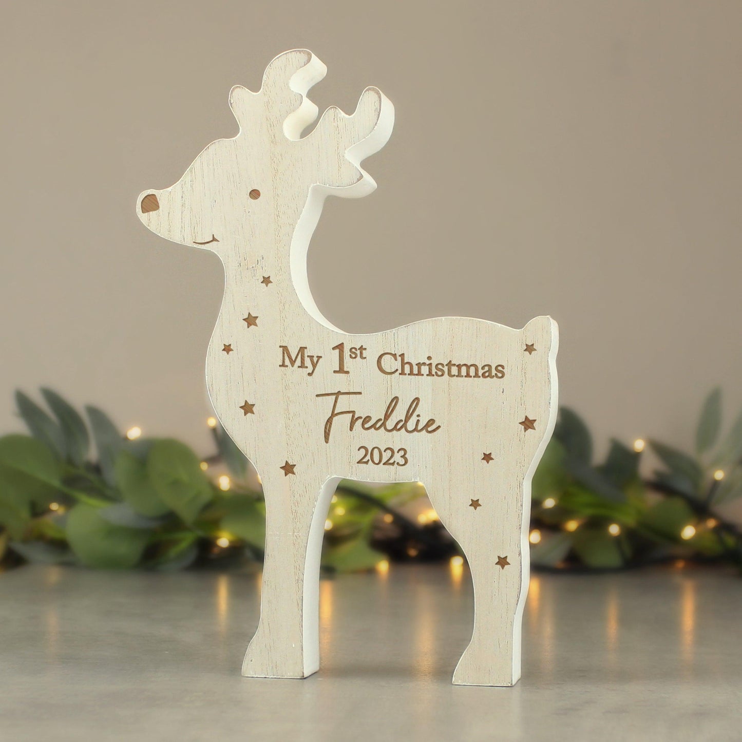Personalised '1st Christmas' Rustic Wooden Reindeer Decoration - Home Inspired Gifts