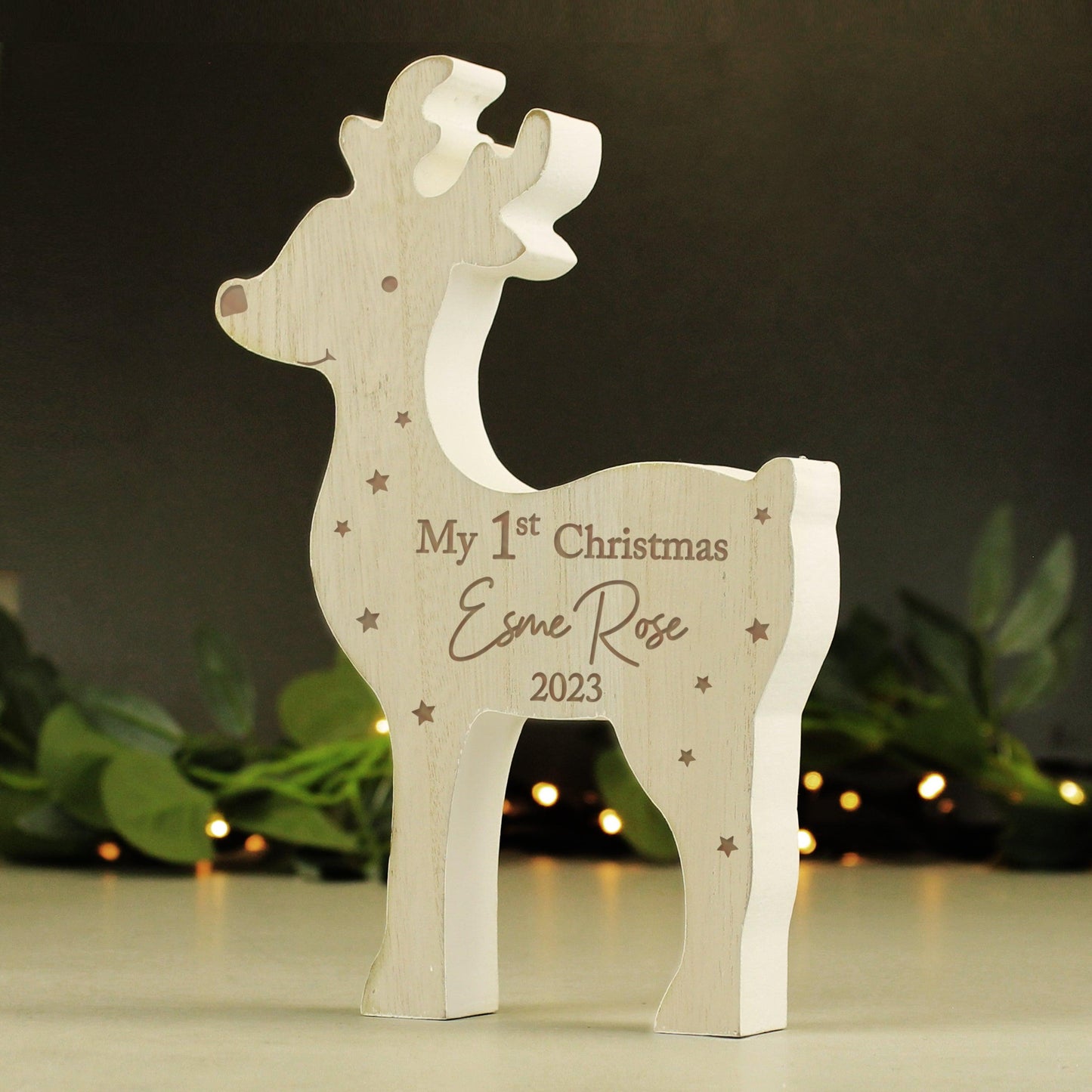Personalised '1st Christmas' Rustic Wooden Reindeer Decoration - Home Inspired Gifts