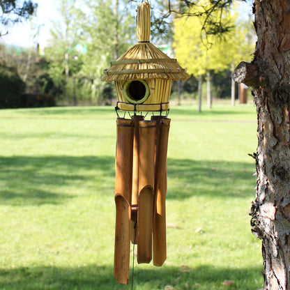 Round Seagrass Bird Box with Bamboo Wind Chimes