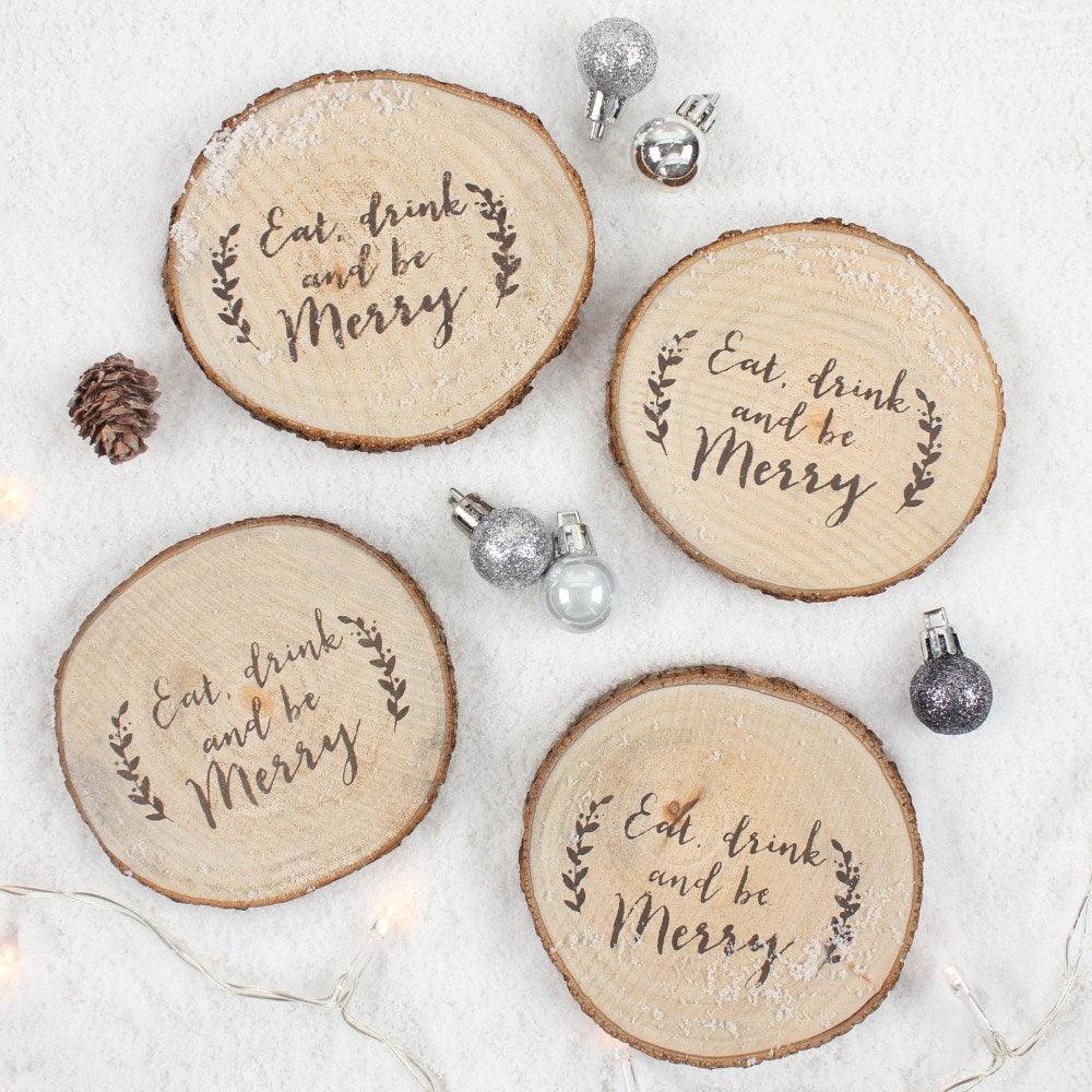 Set of 4 Printed Wooden Log Coasters Bar Party Accessories - Home Inspired Gifts