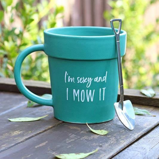 Green Sexy and I Mow It Pot Ceramic Mug and Shovel Spoon - Home Inspired Gifts