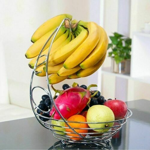 Silver Fruit Bowl Basket Holder with Banana Hanger Hook Tree Stand