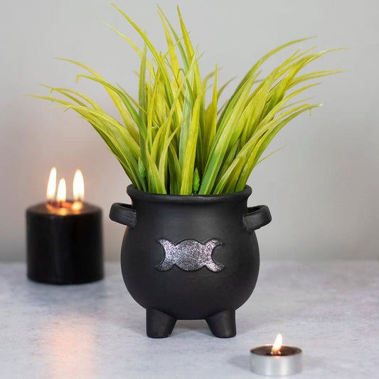 Triple Silver Moon Black Cauldron Terracotta Plant Storage Pot - Home Inspired Gifts