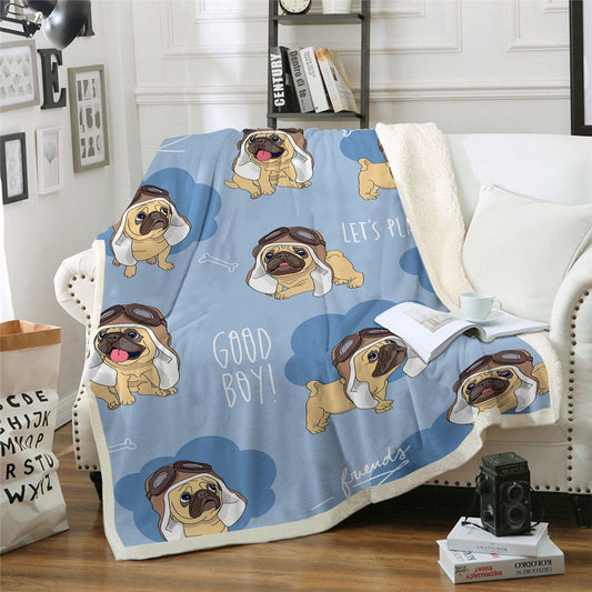 Warm Soft Fleece Blanket Throw - Cartoon Pug Dog Design - Home Inspired Gifts