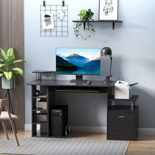 Wooden Computer Desk Laptop Workstation with Storage Drawer Shelf - Black - Home Inspired Gifts