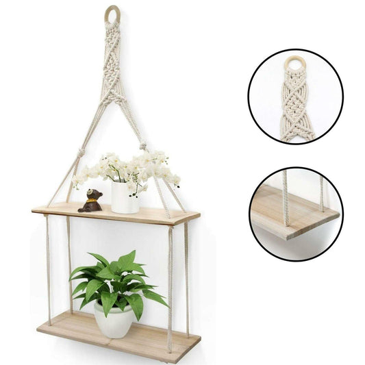 2 Tier Wooden Floating Macrame Rope Hanging Wall Storage Shelf - Home Inspired Gifts