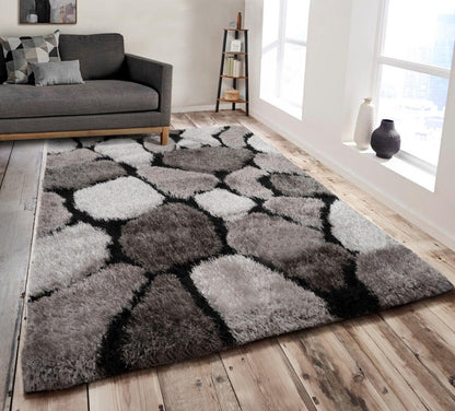 3D Pebbles Shaggy Non Shed Area Rug Runner - Silver Grey - Home Inspired Gifts