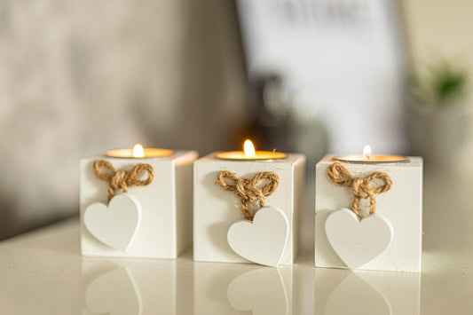 3pc White Shabby Chic Wooden Hearts Cube Tea Light Candle Holders - Home Inspired Gifts