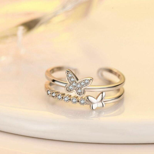 925 Sterling Silver Double Butterfly Crystal Adjustable Ring - Home Inspired Gifts