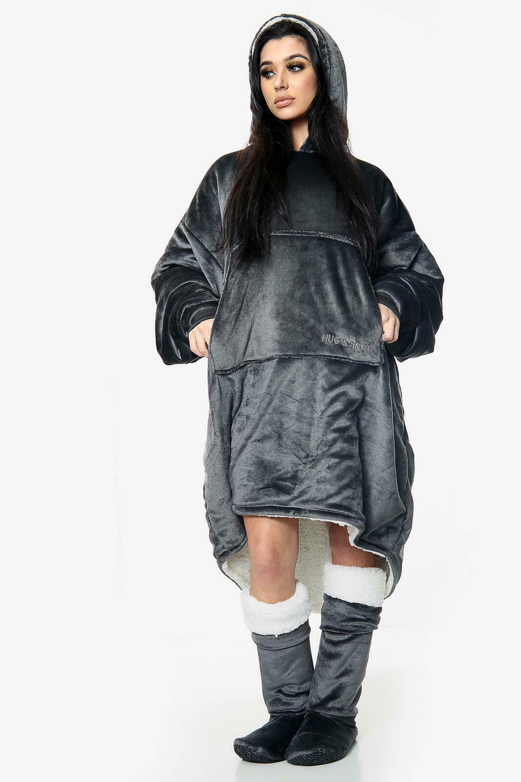 Adults Oversized Fleece Hoodie Blanket Hooded Sweatshirt - Charcoal - Home Inspired Gifts