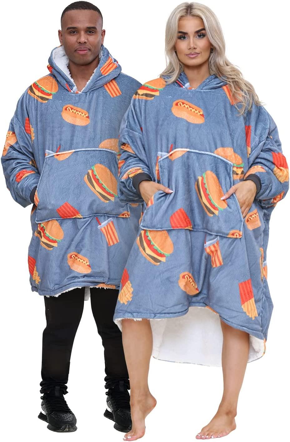 Adults Kids Plush Oversized Fleece Hoodie Blanket - Burger & Fries - Home Inspired Gifts