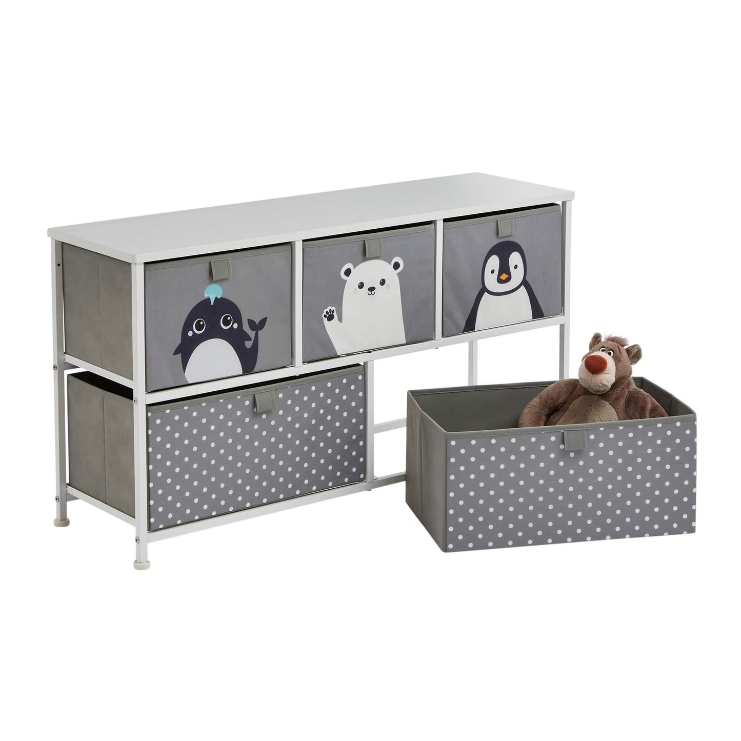 Arctic Animals 5 Drawer Kids Storage Chest Bench Seat - Grey White - Home Inspired Gifts