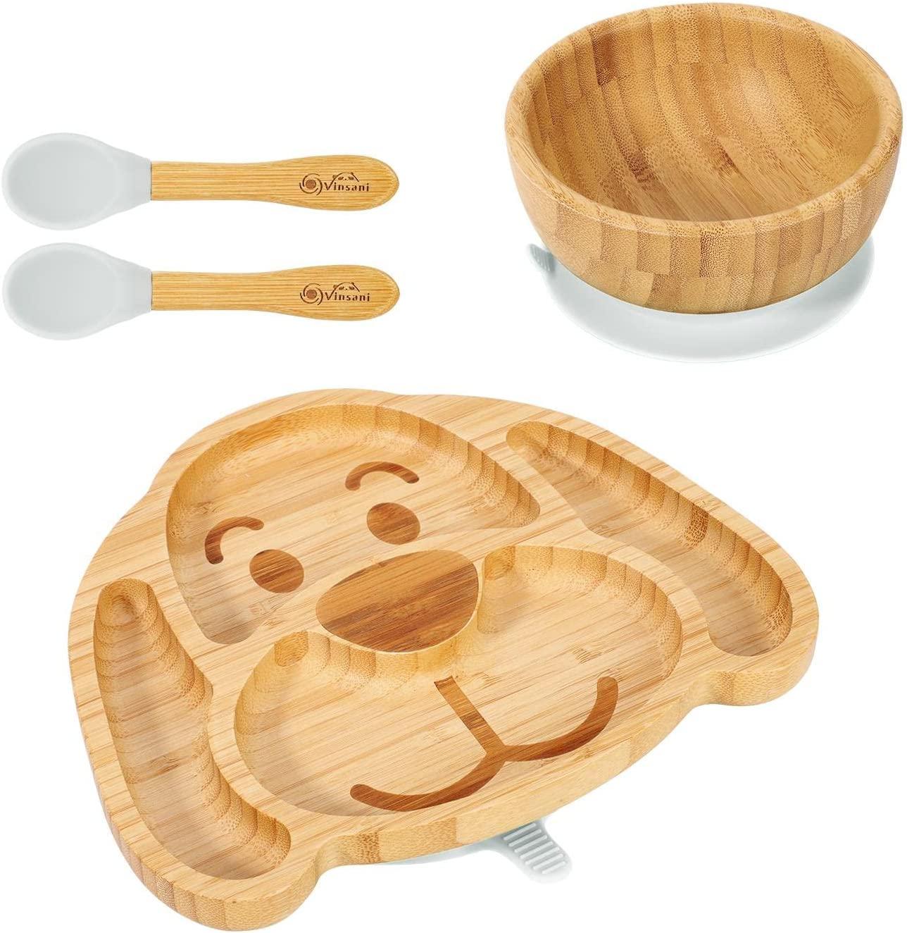 Bamboo Dog Plate Bowl Spoon Set Stay-Put Suction Design - 6 Colours - Home Inspired Gifts