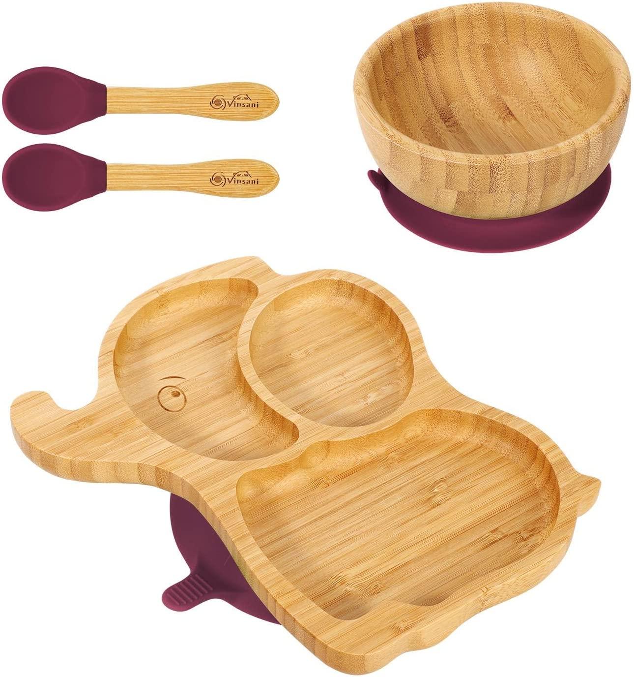 Bamboo Elephant Plate Bowl Spoon Set Stay-Put Suction Design - 6 Colours - Home Inspired Gifts