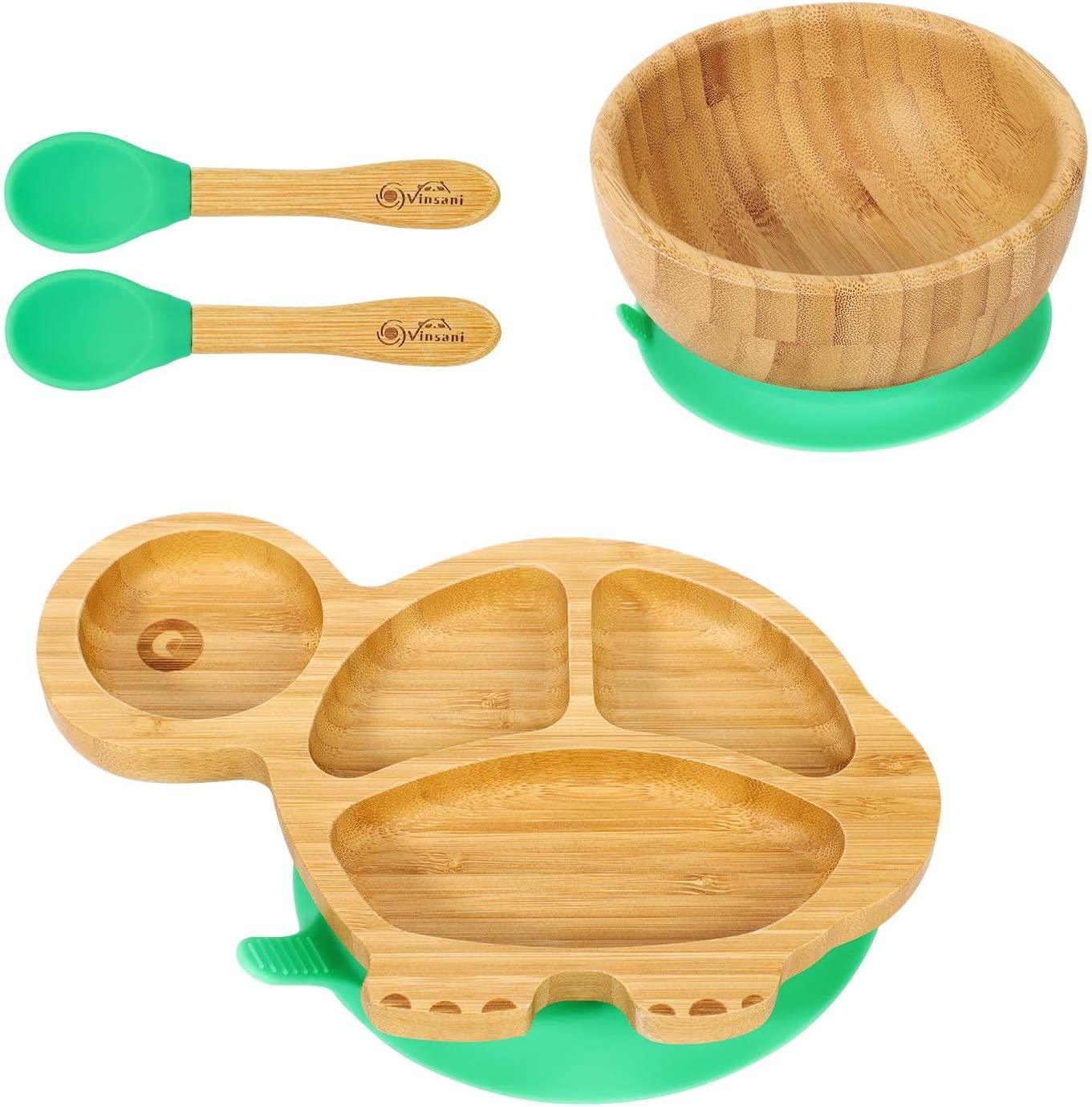 Bamboo Turtle Plate Bowl Spoon Set Stay-Put Suction Design - 6 Colours - Home Inspired Gifts