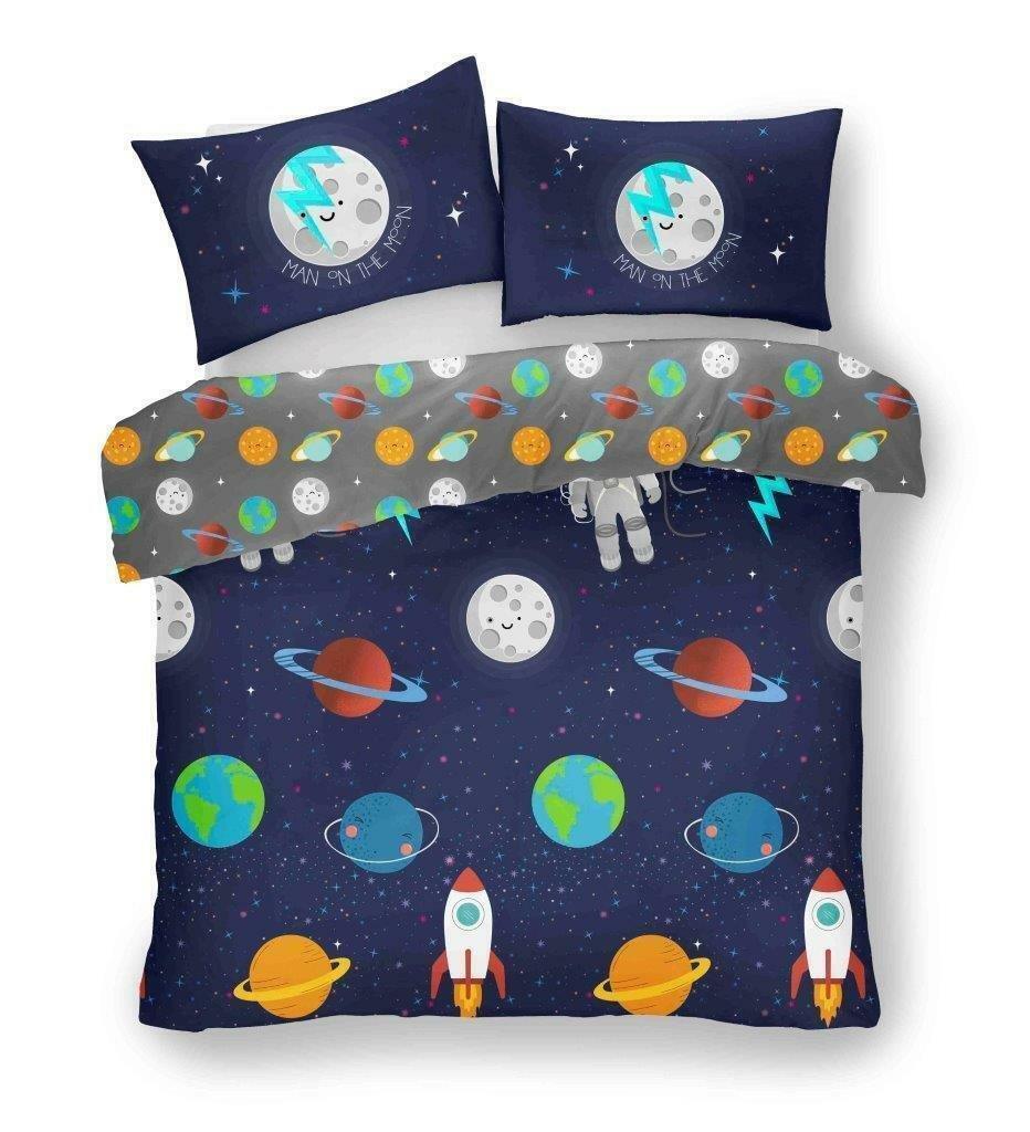 Blue Outer Space Rocket Polycotton Kids Duvet Bedding Quilt Set - Home Inspired Gifts