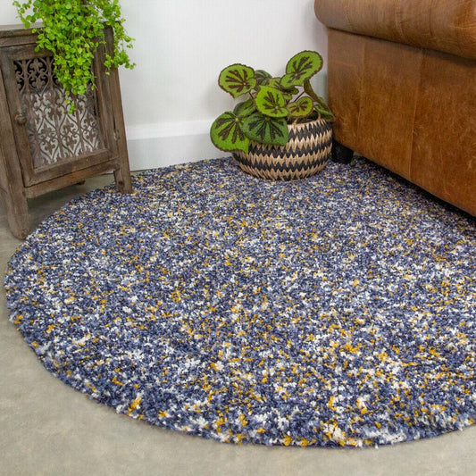 Blue Yellow Ochre Flecked Round Circle Shaggy Floor Rug 135cm - Home Inspired Gifts