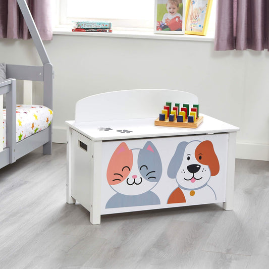 Cat and Dog White Wooden Toy Box with Lid Playroom Storage Bench - Home Inspired Gifts