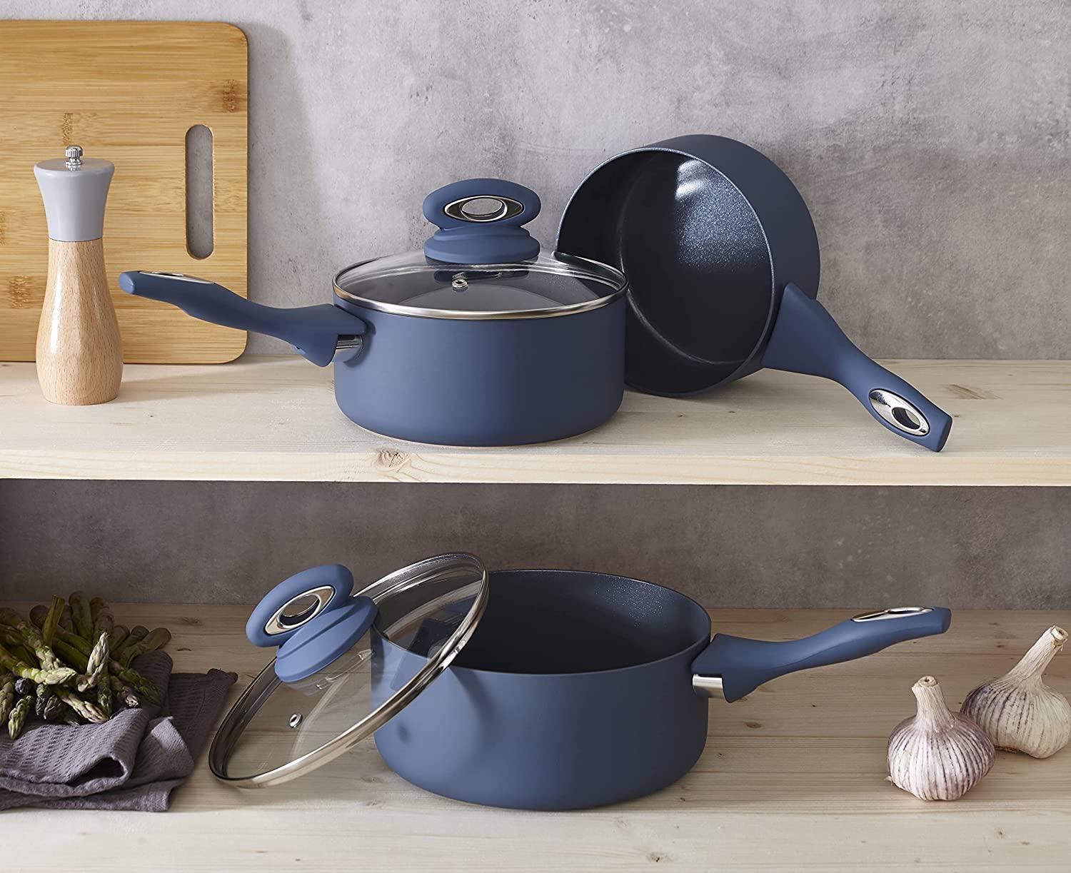 Cermalon 5-Piece Blue Grey Sparkle Ceramic Non-Stick Pan Set - Home Inspired Gifts