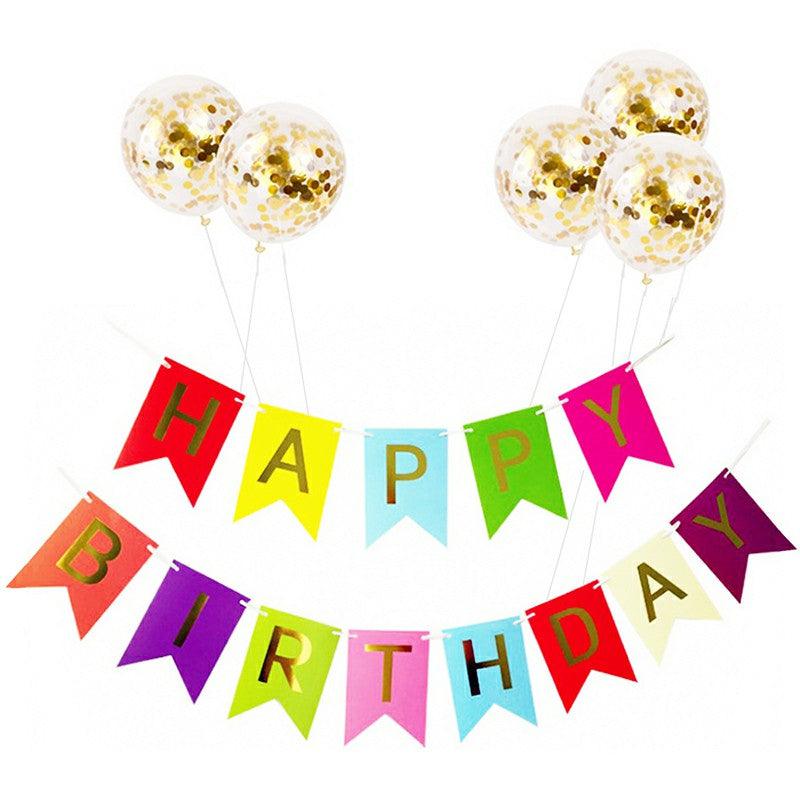 Colourful Birthday Bunting Banner 5 Foil Latex Confetti Sequins Balloons - Home Inspired Gifts