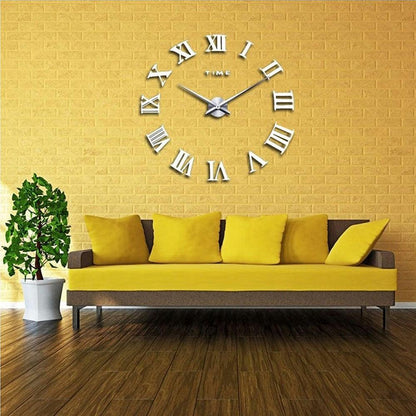 DIY 3D Large Wall Clock Roman Numerals Sticker Art Clock - Silver - Home Inspired Gifts