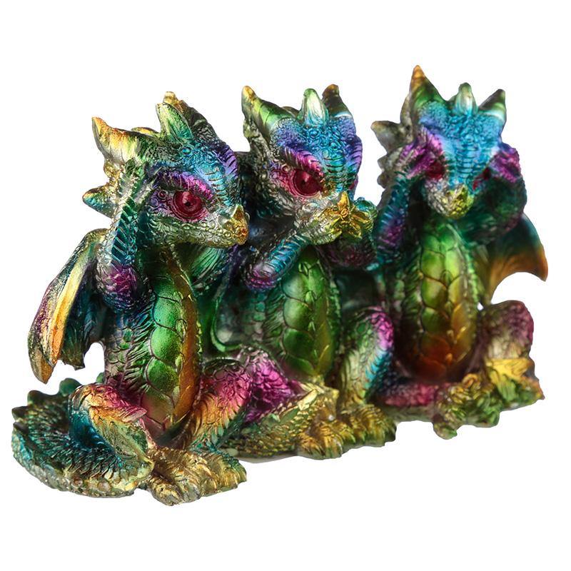 Hear No See No Speak No Metallic Rainbow Dragon Figurine Fantasy Ornament - Kporium Home & Garden