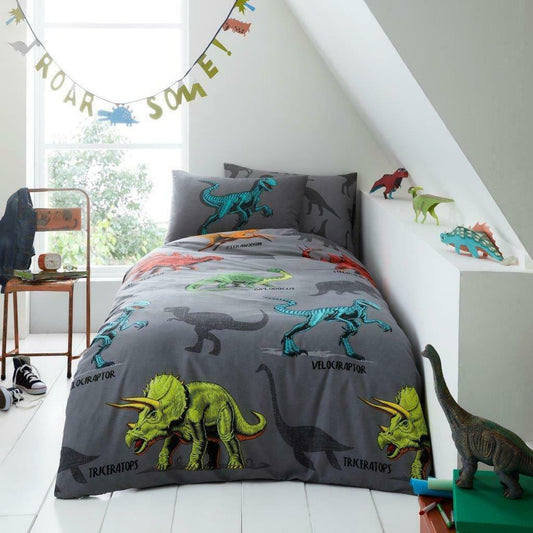 Dino Friend Grey Kids Duvet Bedding Cover Set - Home Inspired Gifts