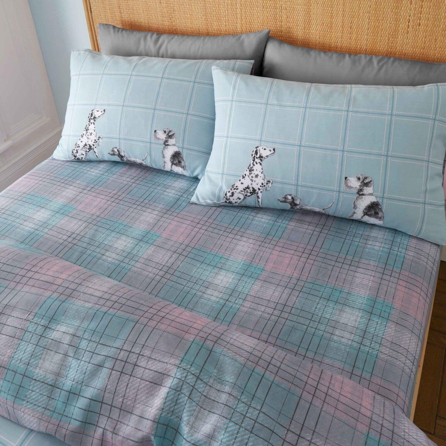 Dog Pals Blue Green Tartan Check Print Duvet Cover Bedding Set - Home Inspired Gifts