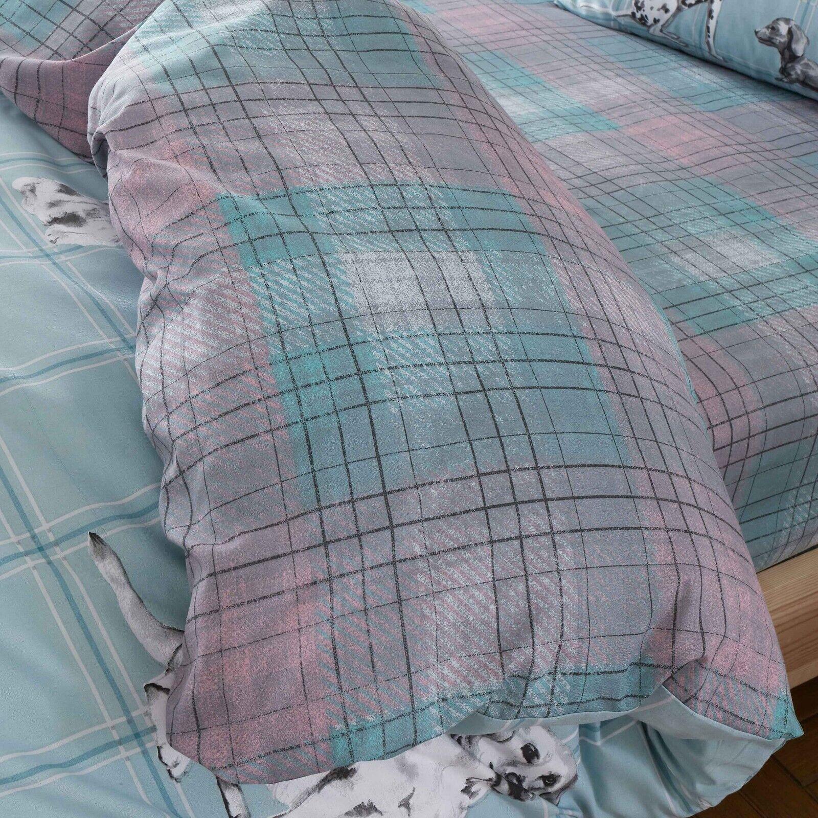 Dog Pals Blue Green Tartan Check Print Duvet Cover Bedding Set - Home Inspired Gifts