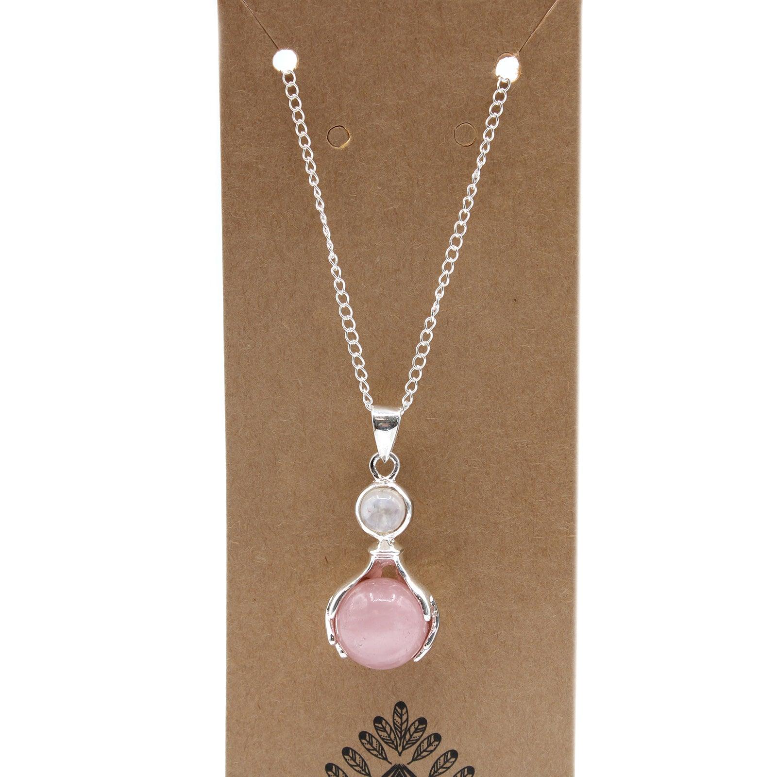 Gemstone Healing Hands Pendant Necklace - Rose Quartz - Free Pouch - Home Inspired Gifts