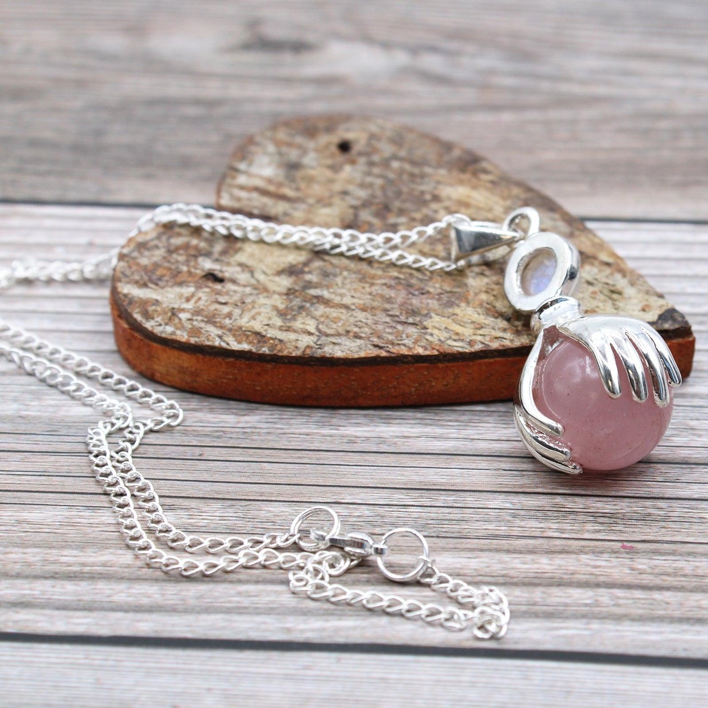 Gemstone Healing Hands Pendant Necklace - Rose Quartz - Free Pouch - Home Inspired Gifts