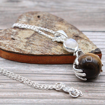 Gemstone Healing Hands Pendant Necklace - Tigers Eye - Free Pouch - Home Inspired Gifts