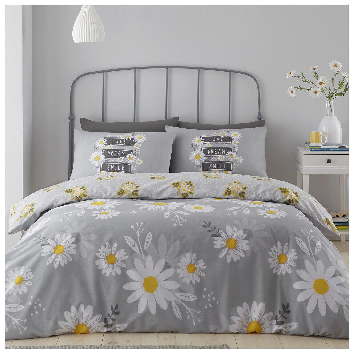 Grey Daisy Flower Floral Print Duvet Cover Reversible Bedding Set - Home Inspired Gifts